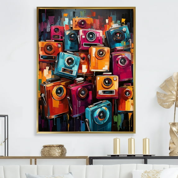 Designart "Colorful Cameras In Pop Art Style" Pop Art Floater Framed Wall Decor