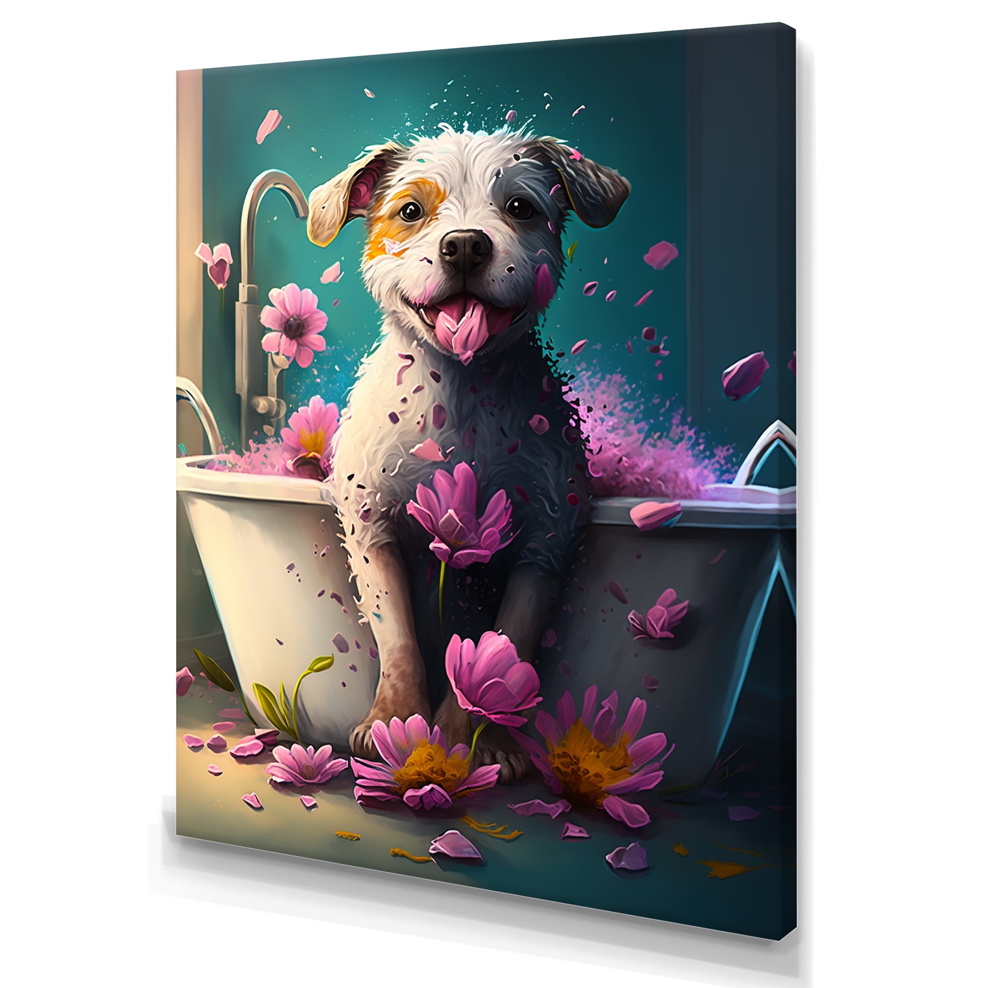 Designart Colorful Cartoon Dog In The Tub Canvas Wall Art