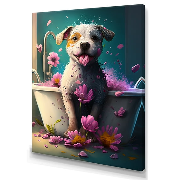 Designart Colorful Cartoon Dog In The Tub Canvas Wall Art