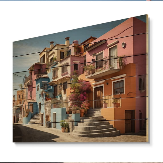 Designart "Colorful Casas This is Mexico s Vibrancy VII" Mexico Print on Natural Pine Wood