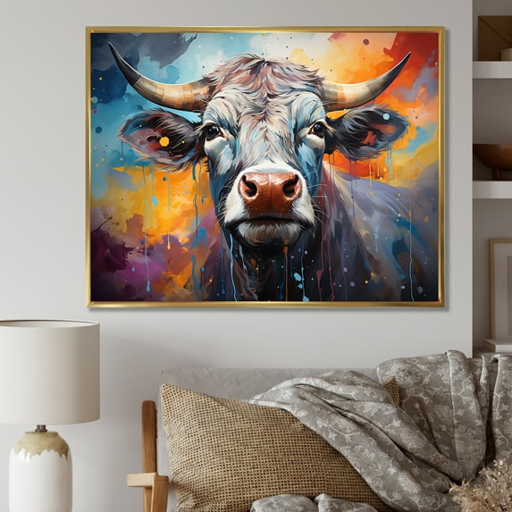 Designart "Colorful Cattle In A Celestial Setting" Animals Cow Floater Framed Canvas Prints