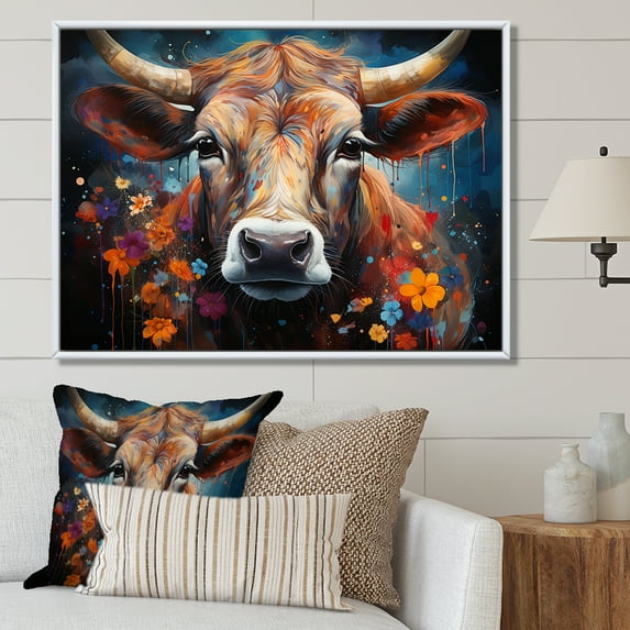 Designart "Colorful Cattle In A Celestial Setting I" Animals Cow Floater Framed Wall Decor