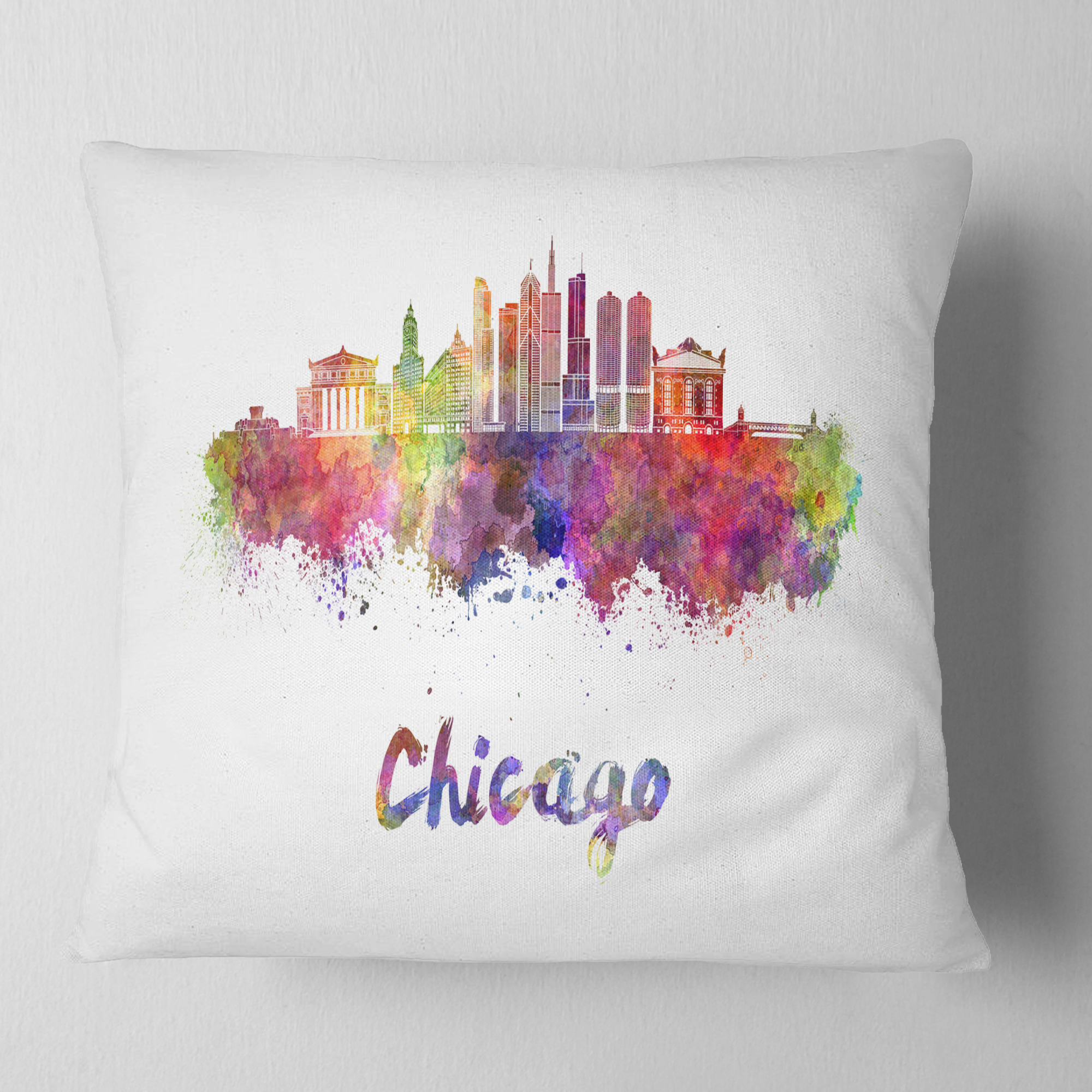 Designart Colorful Chicago Skyline in Watercolor - Cityscape Throw Pillow - 18x18