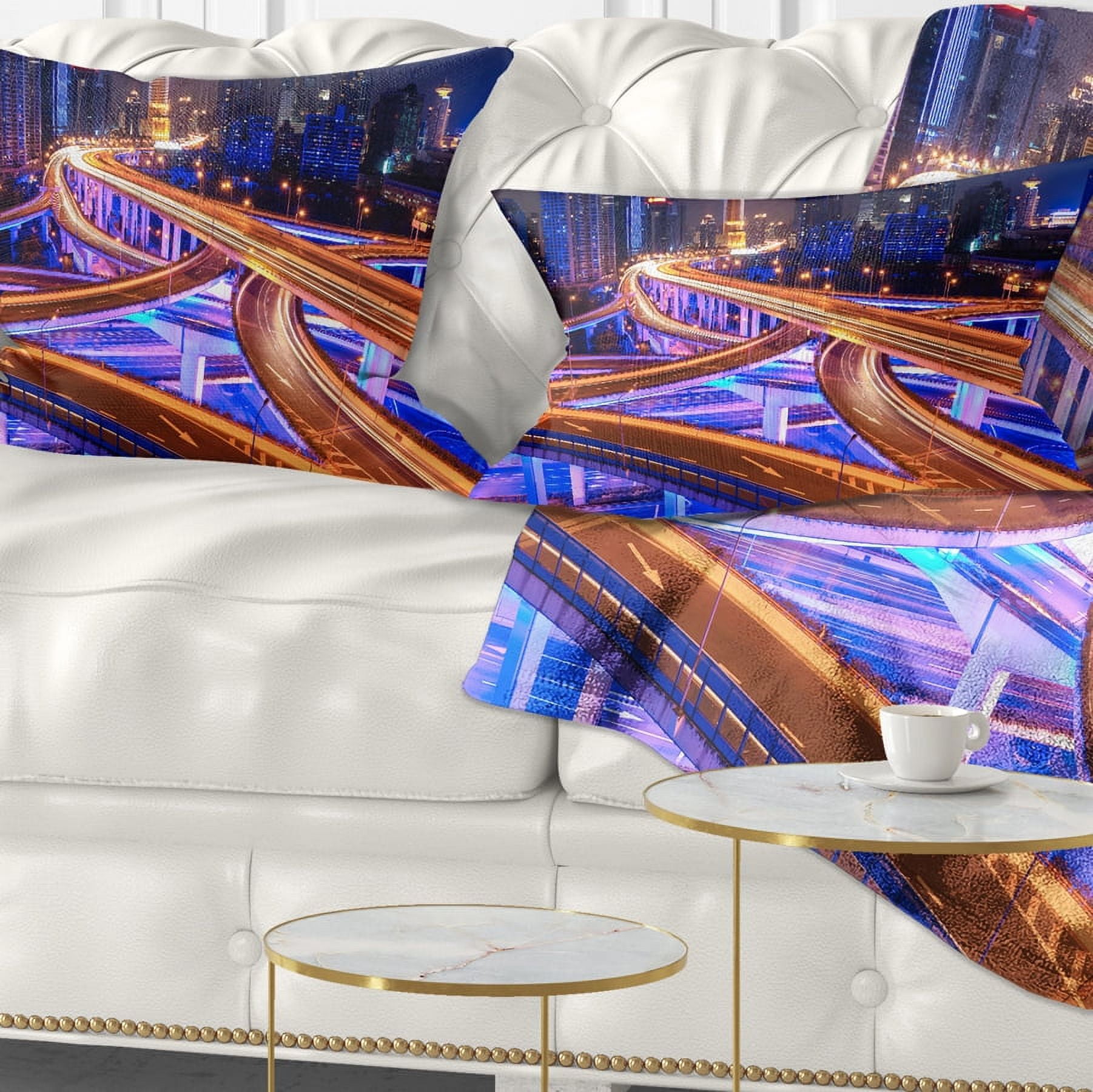 Designart Colorful City Overpass at Night - Cityscape Throw Pillow - 12x20