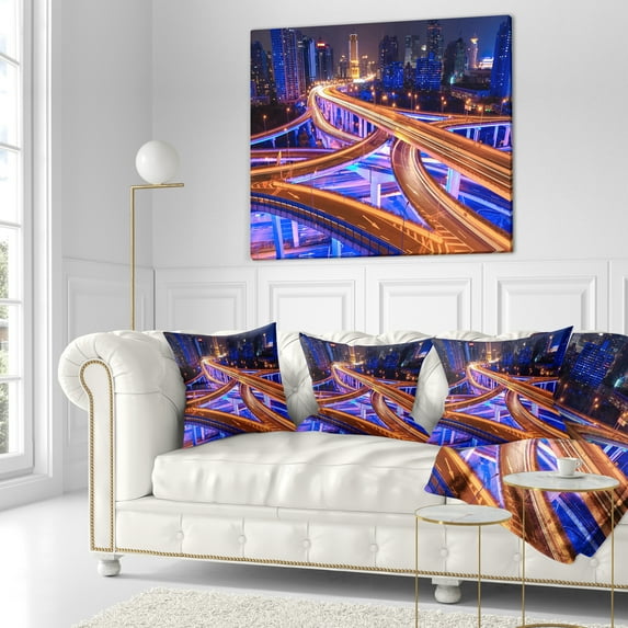 Designart Colorful City Overpass at Night - Cityscape Throw Pillow - 18x18