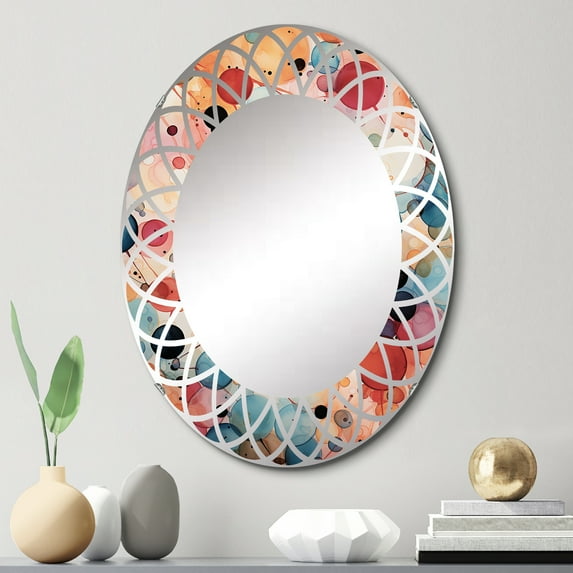Designart "Colorful Contrasts Mid Century Modern Art IV" Abstract Round Wall Mirror - Mid-century Oval Printed Decorative Oversized Mirror - Multiple Color Options