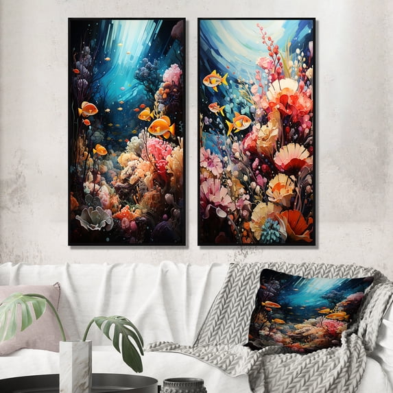Designart "Colorful Coral Aquariums Garden II" Aquariums Framed Wall Art Set Of 2 - Teal Beach Frame Gallery Set For Office Decor