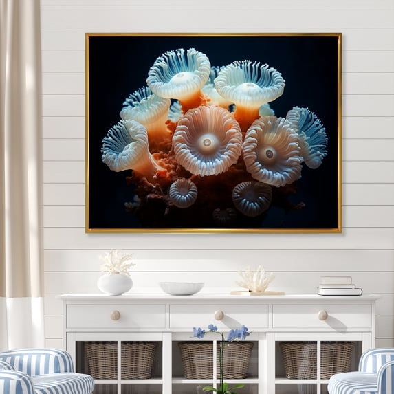Designart "Colorful Coral Kingdom Of Balanophyllia" Coastal Coral Under Water Floater Framed Wall Art Living Room