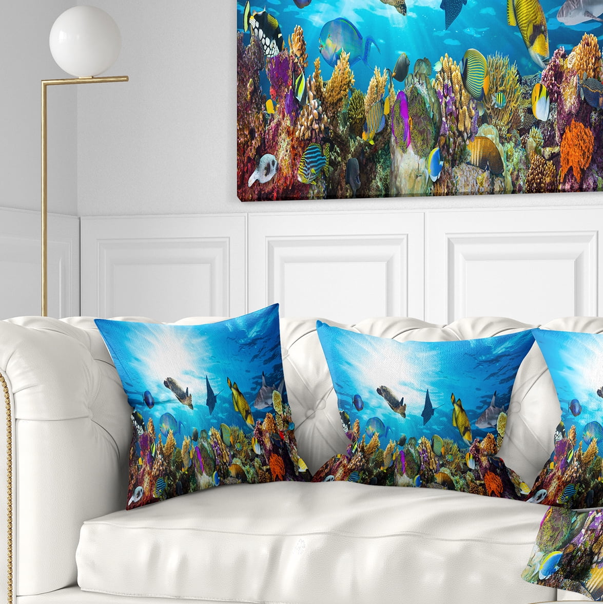 Designart Colorful Coral Reef with Fishes - Seascape Throw Pillow - 16x16