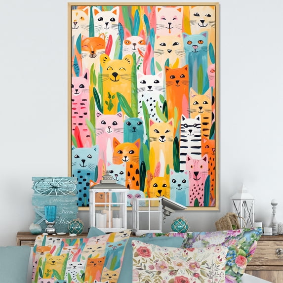 Designart "Colorful Creatures Nursery Animal Pattern II" People Framed Wall Art - Farmhouse Colorful Animal Nursery Hallway Framed Wall Art Decor