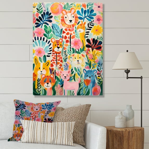 Designart "Colorful Creatures Nursery Animal Pattern IV" People Canvas Wall Art - Farmhouse Colorful Animal Nursery Bedroom Canvas Wall Art