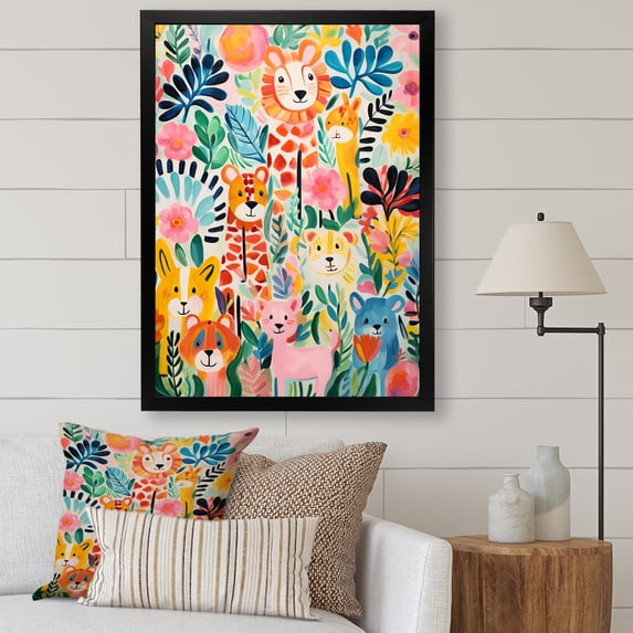 Designart "Colorful Creatures Nursery Animal Pattern IV" People Framed Wall Art - Farmhouse Colorful Animal Nursery Entryway Framed Wall Art