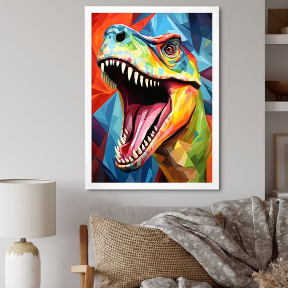 Designart "Colorful Cubist T-Rex I" Animals Framed Wall Art - Modern Colorful Dinosaur Living Room Framed Canvas Art