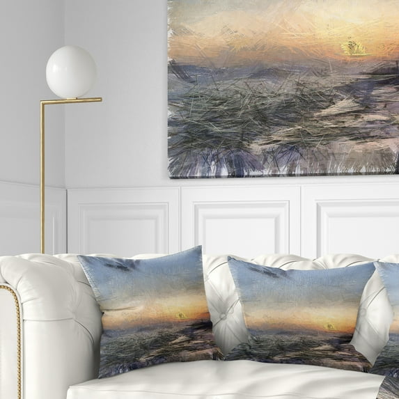 Designart Colorful Dawn over Sea Watercolor - Landscape Printed Throw Pillow - 16x16
