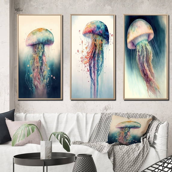 Designart "Colorful Deepsea Jellyfish Display I" Animal Fish Framed Wall Art Set Of 3 - Blue Fish Frame Canvas Set For Living Room Decor