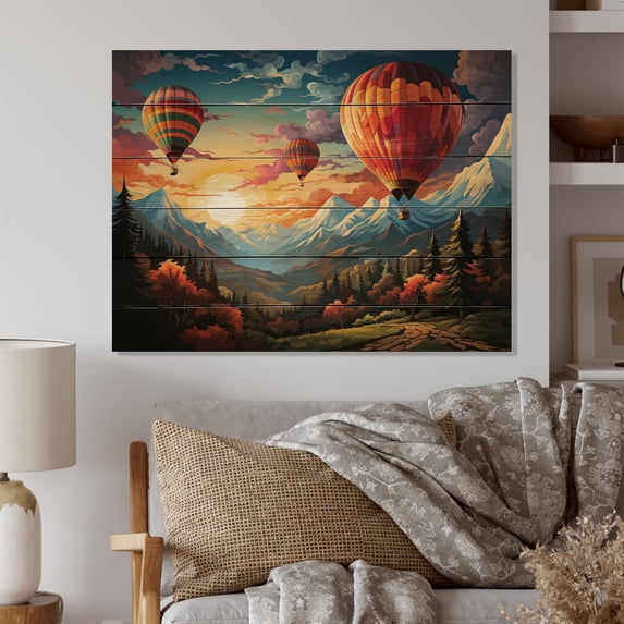 Designart "Colorful Delight The Hot Air Balloon" Hot Air Balloon Print on Natural Pine Wood
