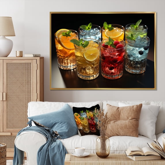 Designart "Colorful Drinks in Cocktails II" Food & Beverage Floater Framed Wall Decor