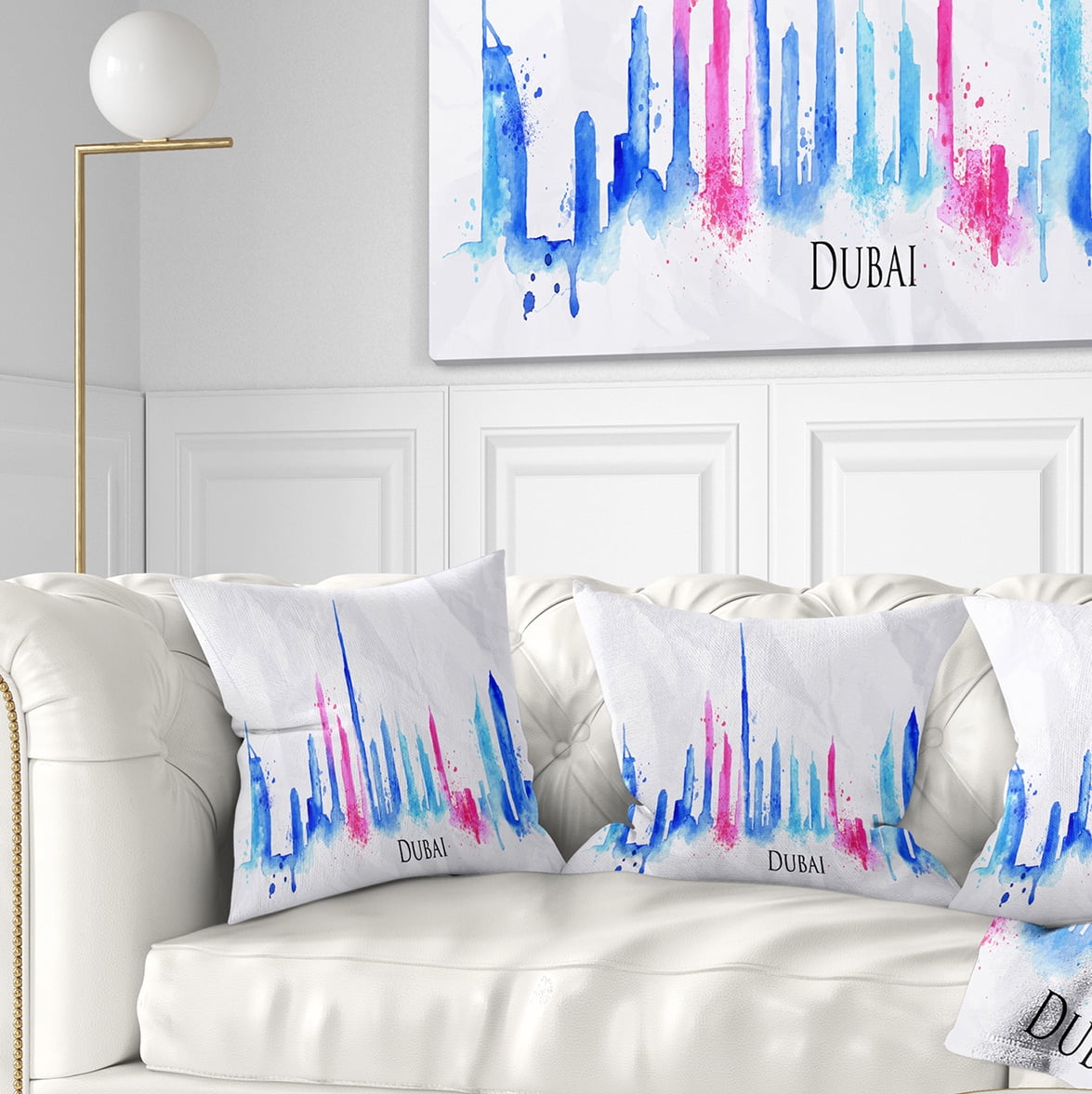 Designart Colorful Dubai Silhouette - Cityscape Painting Throw Pillow - 18x18