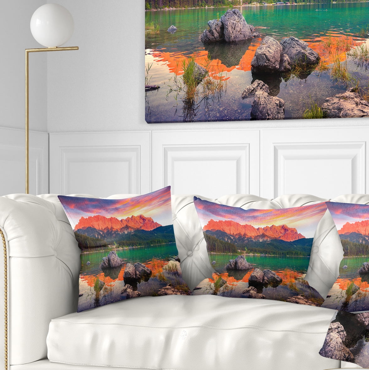 Designart Colorful Eibsee Lake Sunset - Landscape Photo Throw Pillow - 18x18