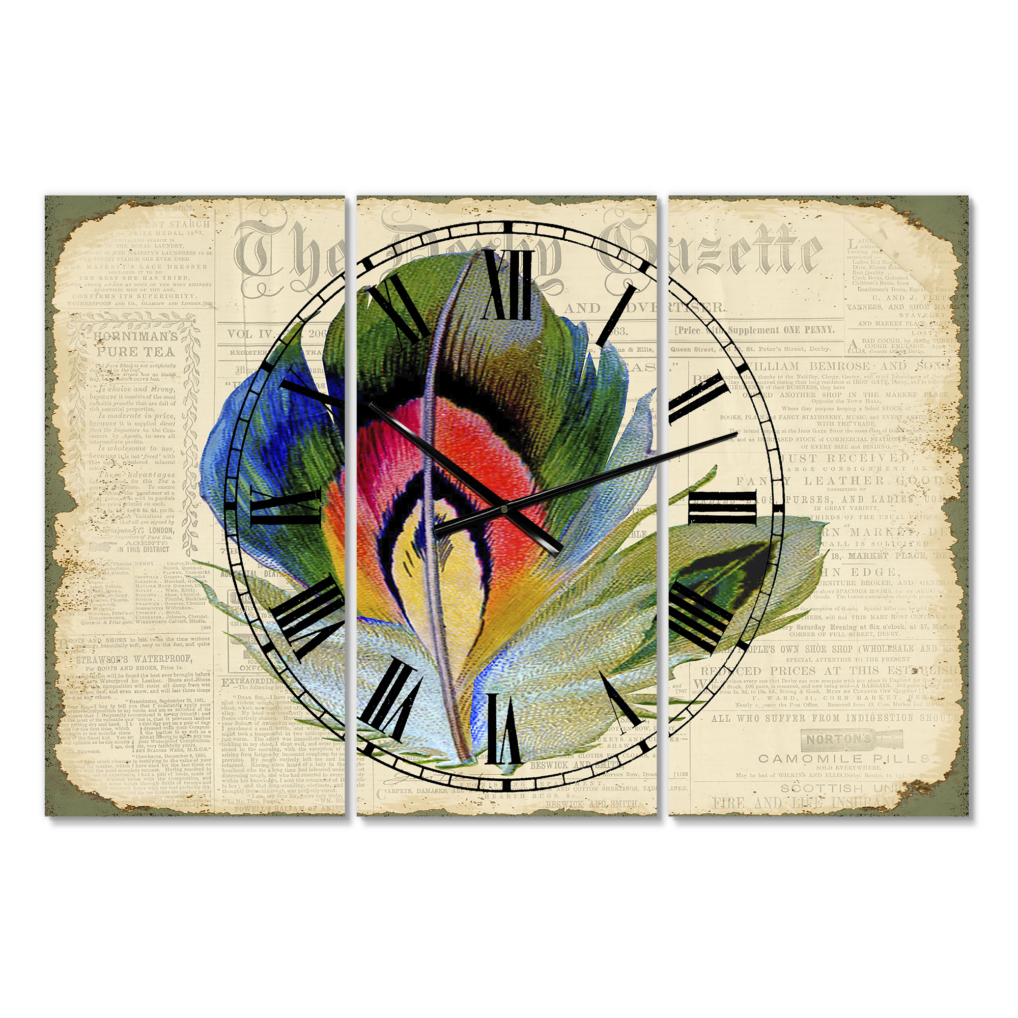 Designart 'Colorful Elegant Feather On Old Style Newspaper II' Large Cottage Wall Clock