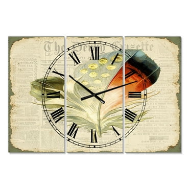 Designart 'Colorful Elegant Feather On Old Style Newspaper IV' Large Cottage Wall Clock