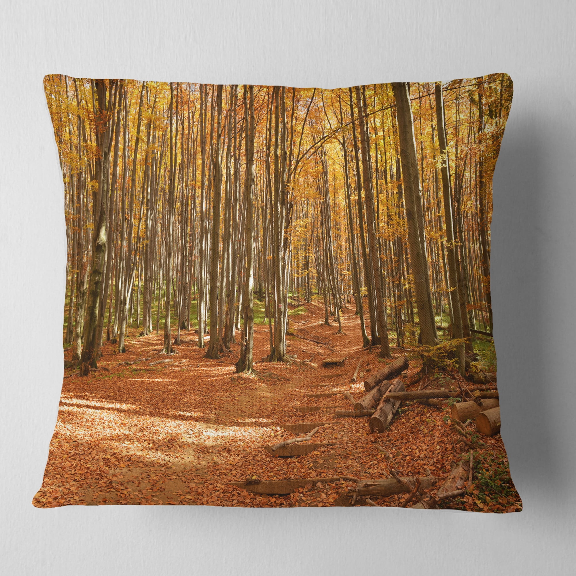 Designart Colorful Fall Forest with Fallen Leaves - Modern Forest Throw Pillow - 18x18