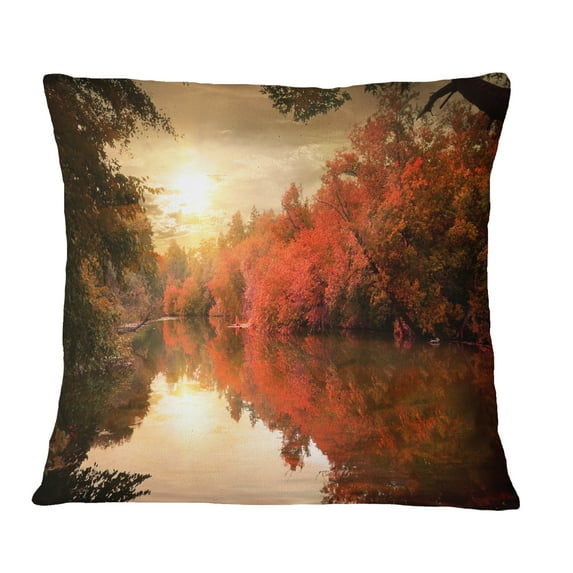 Designart Colorful Fall Sunset over River - Landscape Printed Throw Pillow - 16x16