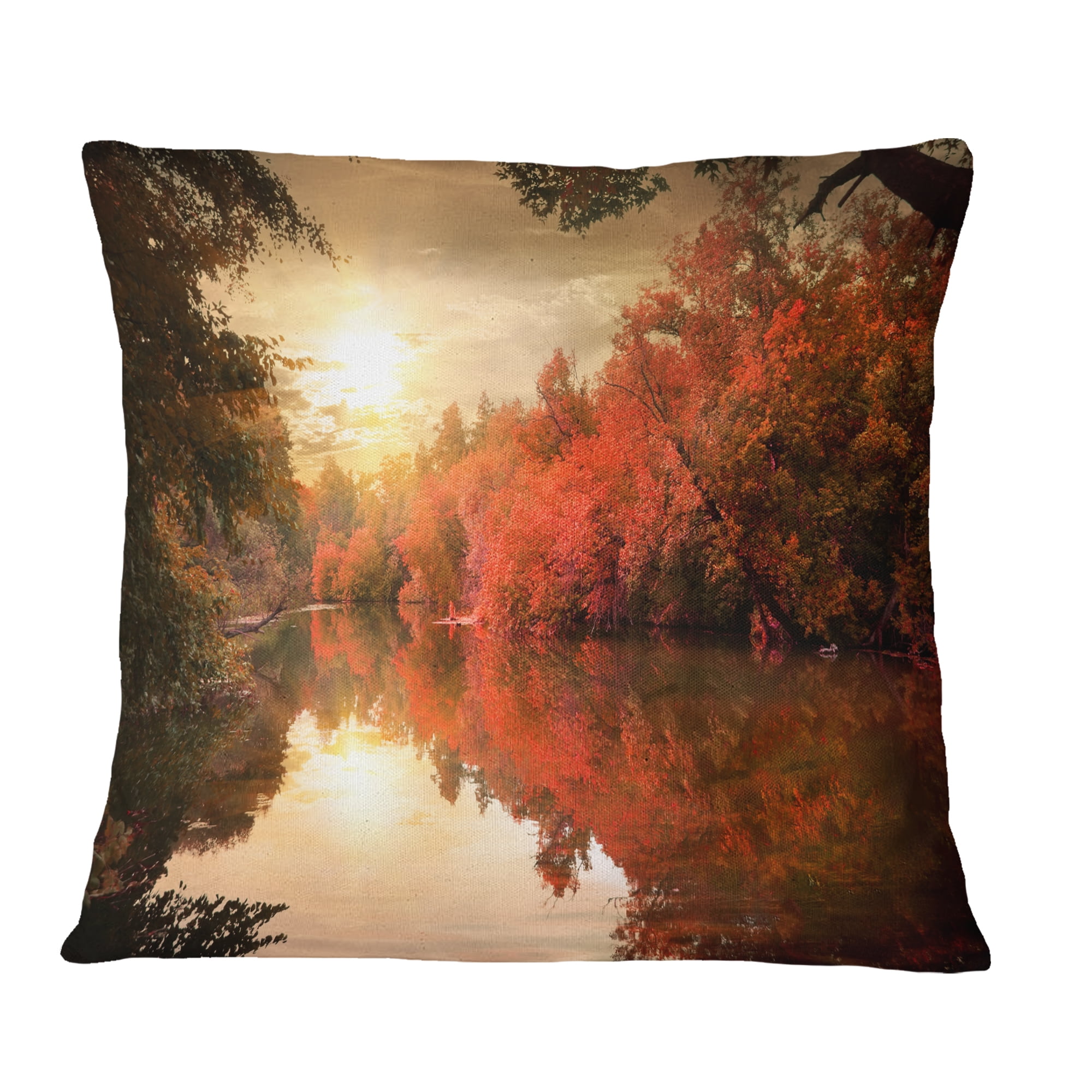 Designart Colorful Fall Sunset over River - Landscape Printed Throw Pillow - 18x18
