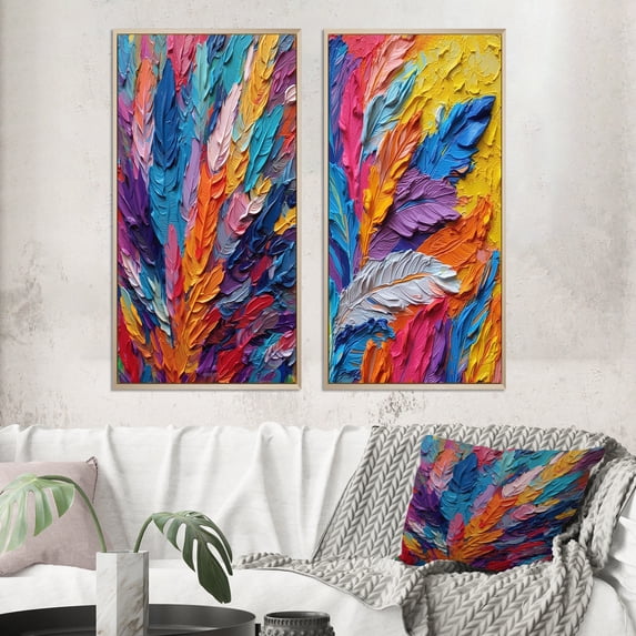 Designart "Colorful Feathers Painting with Rough Texture I" Feathers Framed Wall Art Set Of 2 - Modern Multicolor Gallery Wall Frame Set For Home Decor