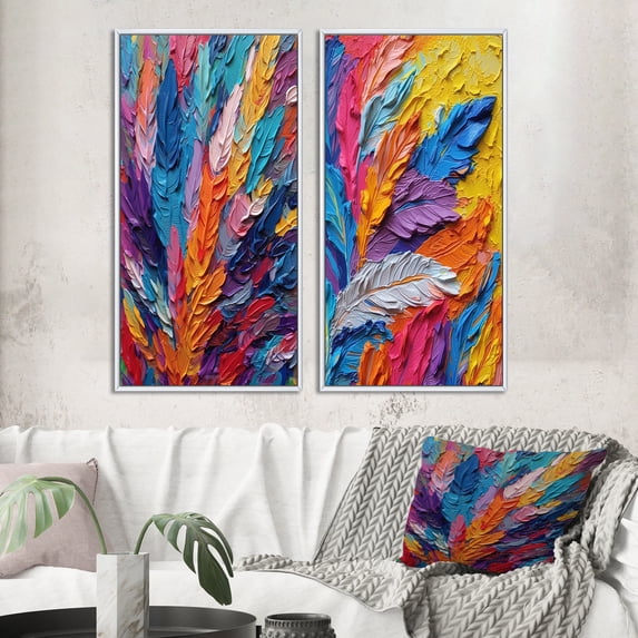 Designart "Colorful Feathers Painting with Rough Texture I" Feathers Framed Wall Art Set Of 2 - Modern Multicolor Gallery Wall Frame Set For Home Decor