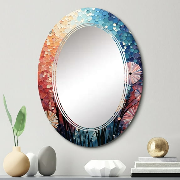Designart "Colorful Fireworks Charm Pointillism II" Fireworks Round Wall Mirror - Modern Oval Printed Decorative Oversized Mirror - Multiple Color Options