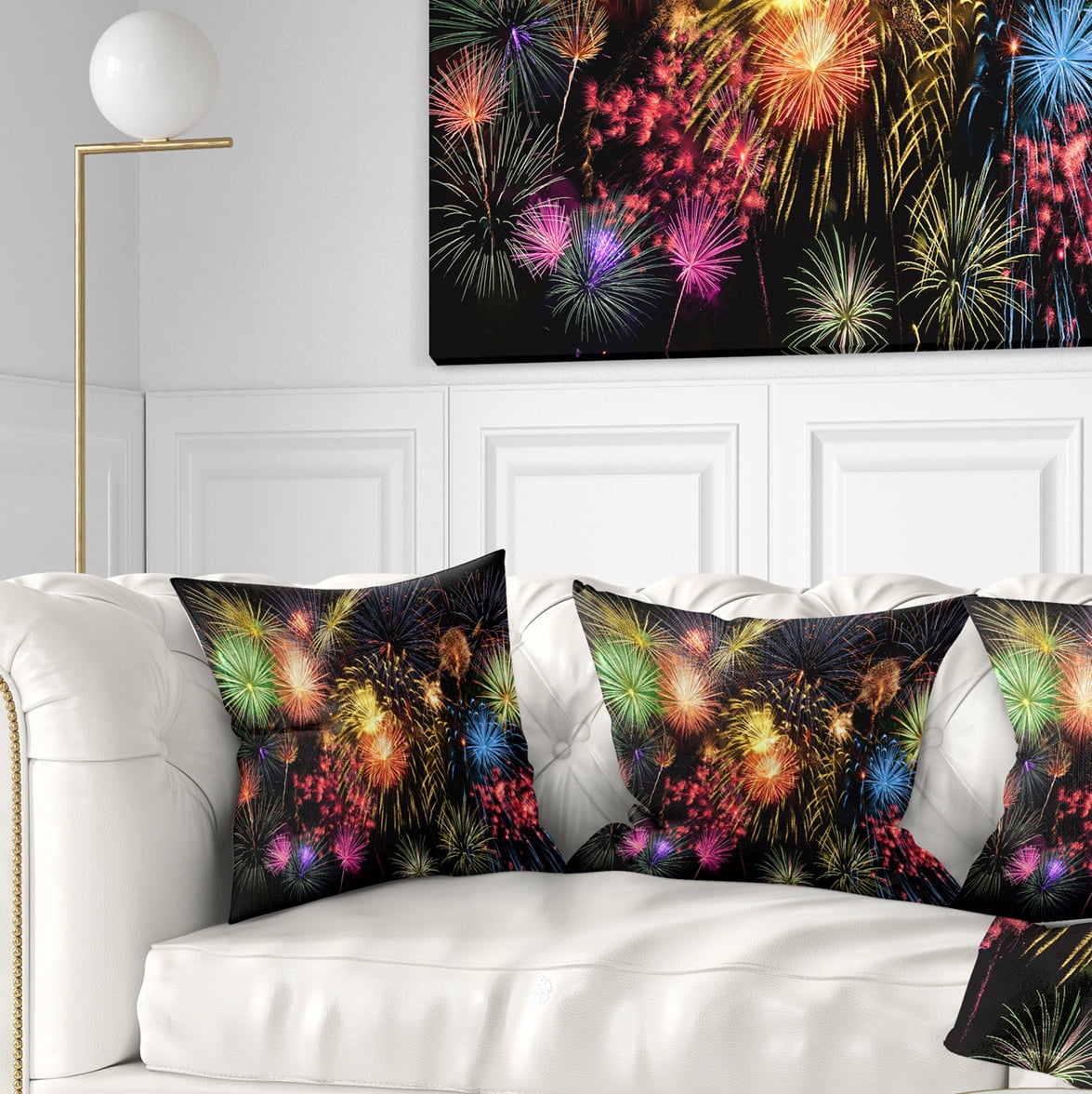 Designart Colorful Fireworks at Night Sky - Skyline Photography Throw Pillow - 18x18