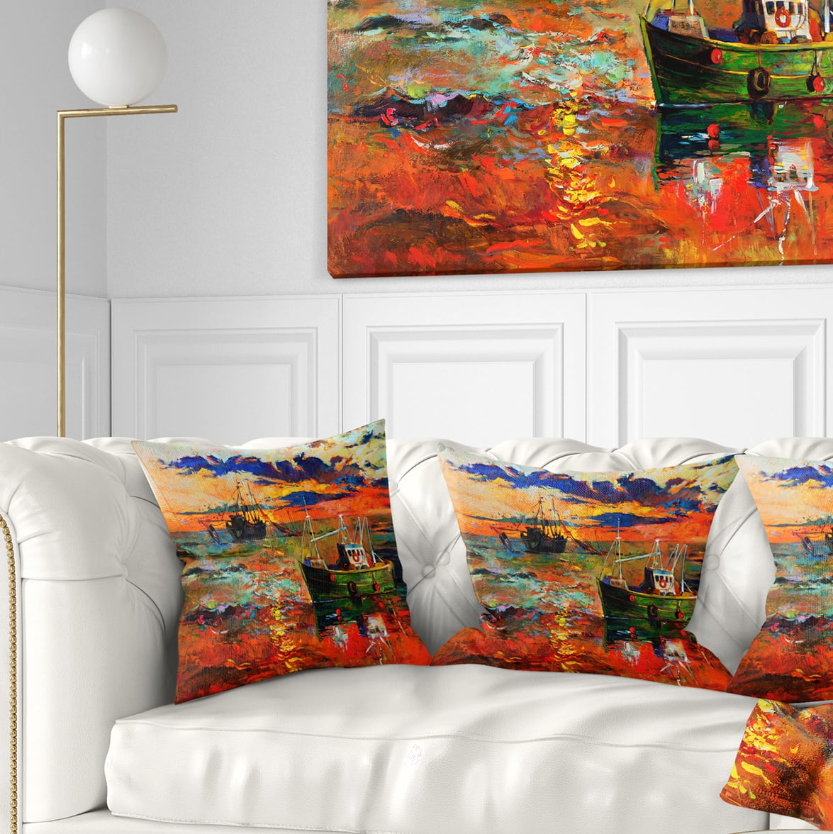 Designart Colorful Fishing Ships - Seascape Throw Pillow - 18x18