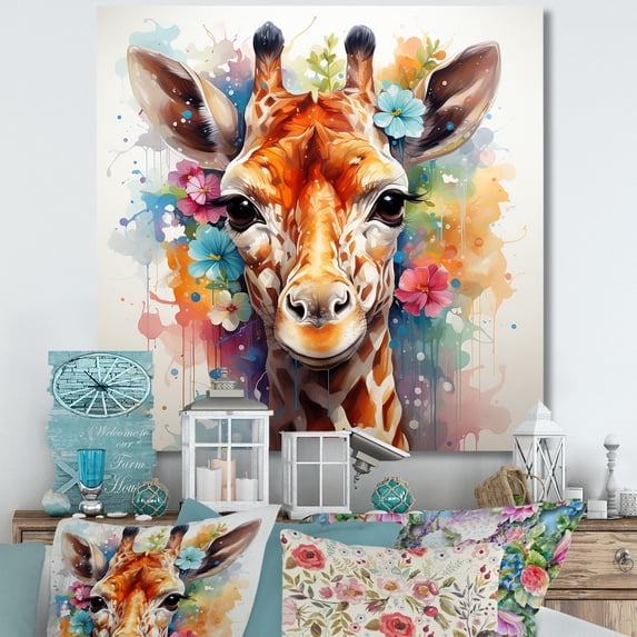 Designart "Colorful Floral Giraffe Art" Animals Wall Art - Modern Colorful Giraffe Living Room Canvas Art