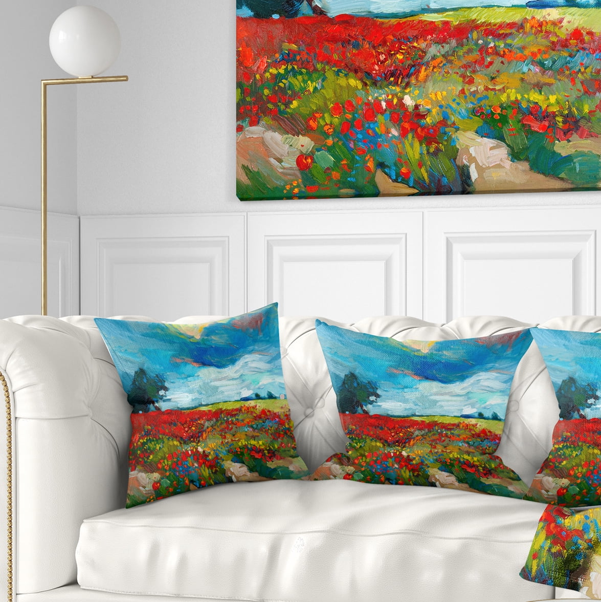 Designart Colorful Flower Fields - Landscape Painting Throw Pillow - 16x16