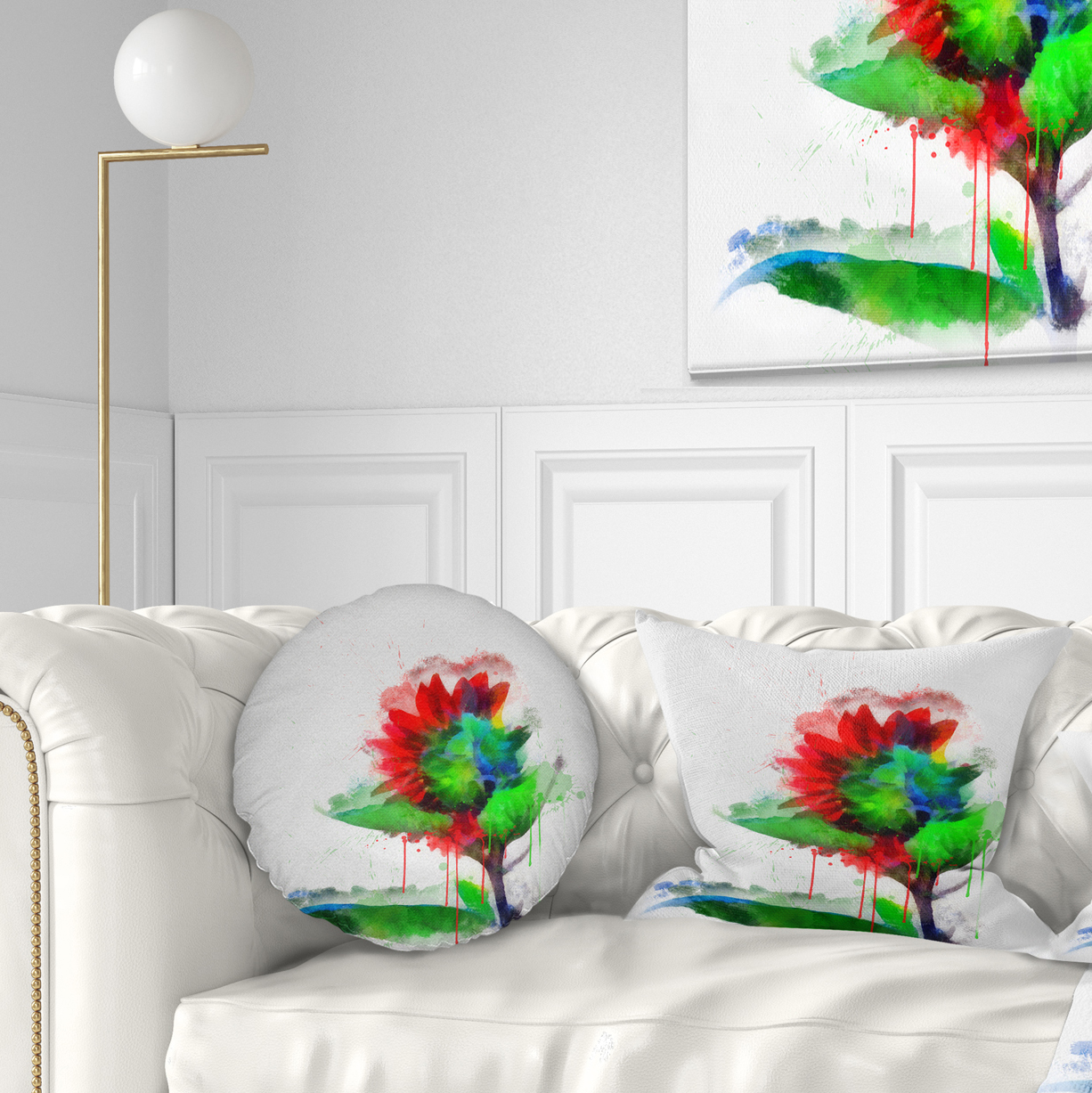 Designart Colorful Flower Stem with Splashes - Floral Throw Pillow - 12x20
