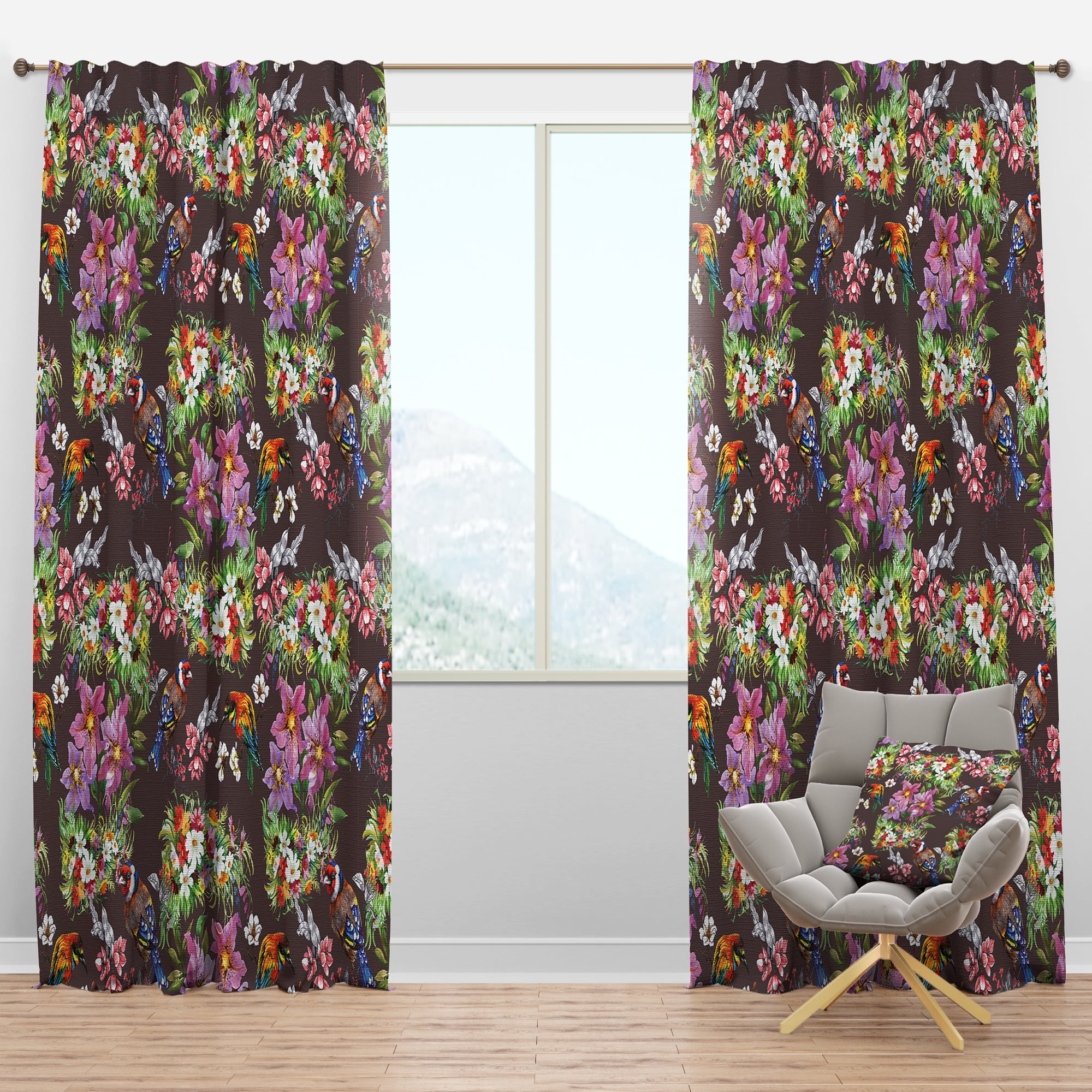 Designart 'Colorful Flowers and Birds' Floral Blackout Curtain Panel