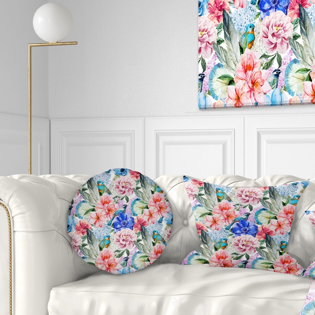 Designart Colorful Flowers and Birds Watercolor - Flower Throw Pillow - 12x20
