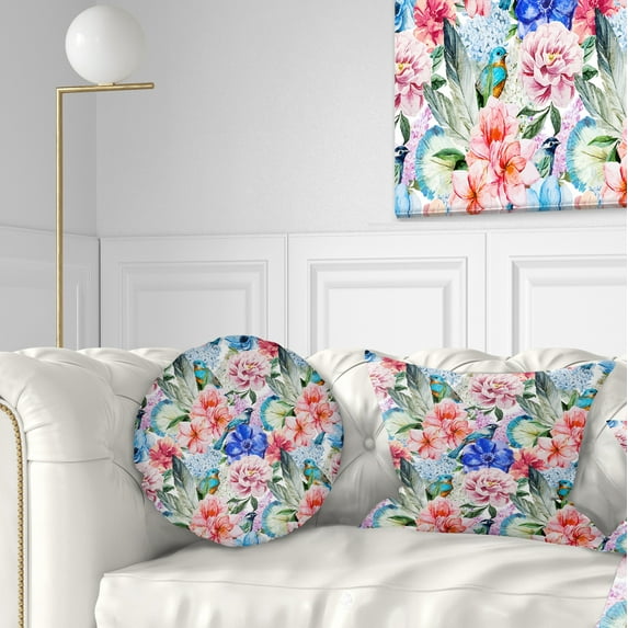 Designart Colorful Flowers and Birds Watercolor - Flower Throw Pillow - 12x20