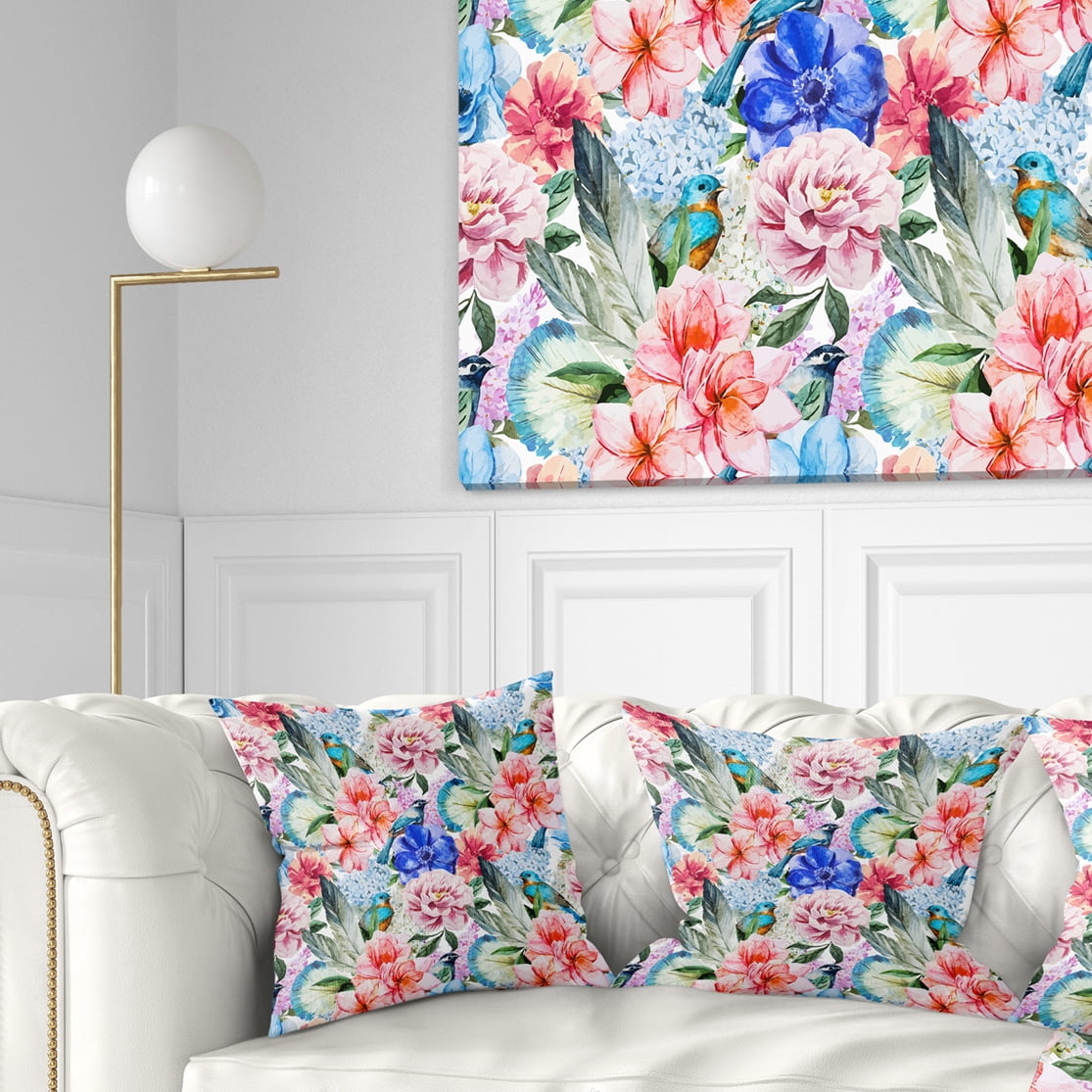 Designart Colorful Flowers and Birds Watercolor - Flower Throw Pillow - 16x16