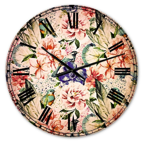 Designart 'Colorful Flowers and Birds Watercolor' Traditional wall clock