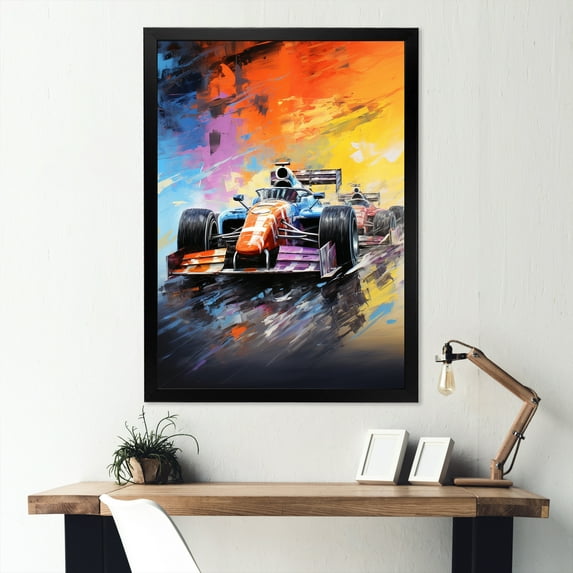 Designart "Colorful Formula Car Racing Track I" Architecture Framed Wall Art - Modern Yellow Race Tracks Entryway Framed Wall Art Print