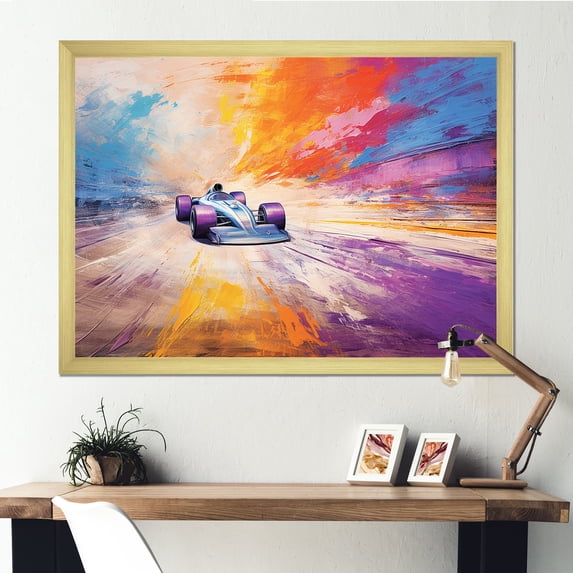 Designart "Colorful Formula Car Racing Track II" Architecture Framed Wall Art Decor - Modern Purple Race Tracks Entryway Framed Wall Art