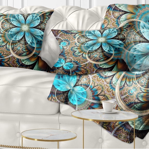 Designart Colorful Fractal Flowers with Blue Shade - Abstract Throw Pillow - 12x20