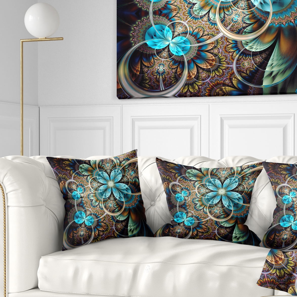 Designart Colorful Fractal Flowers with Blue Shade - Abstract Throw Pillow - 18x18