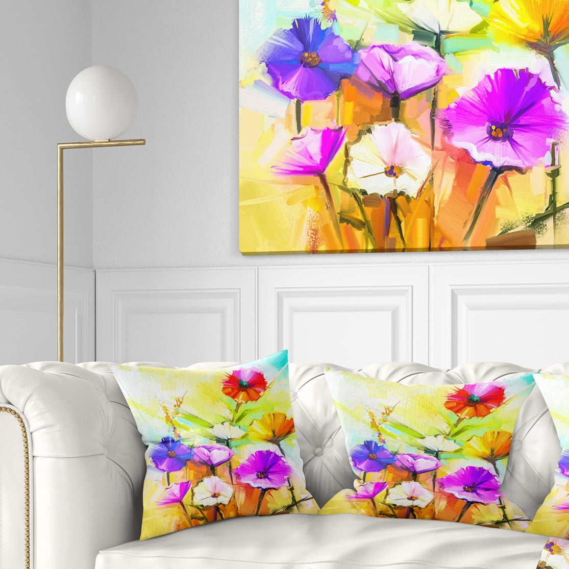 Designart Colorful Gerbera Flowers Painting - Floral Throw Pillow - 16x16