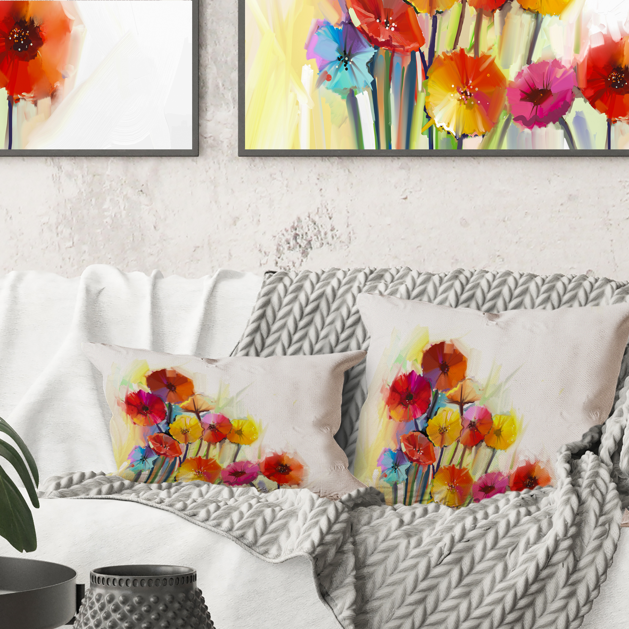 Designart Colorful Gerbera Flowers Watercolor - Floral Throw Pillow - 18x18