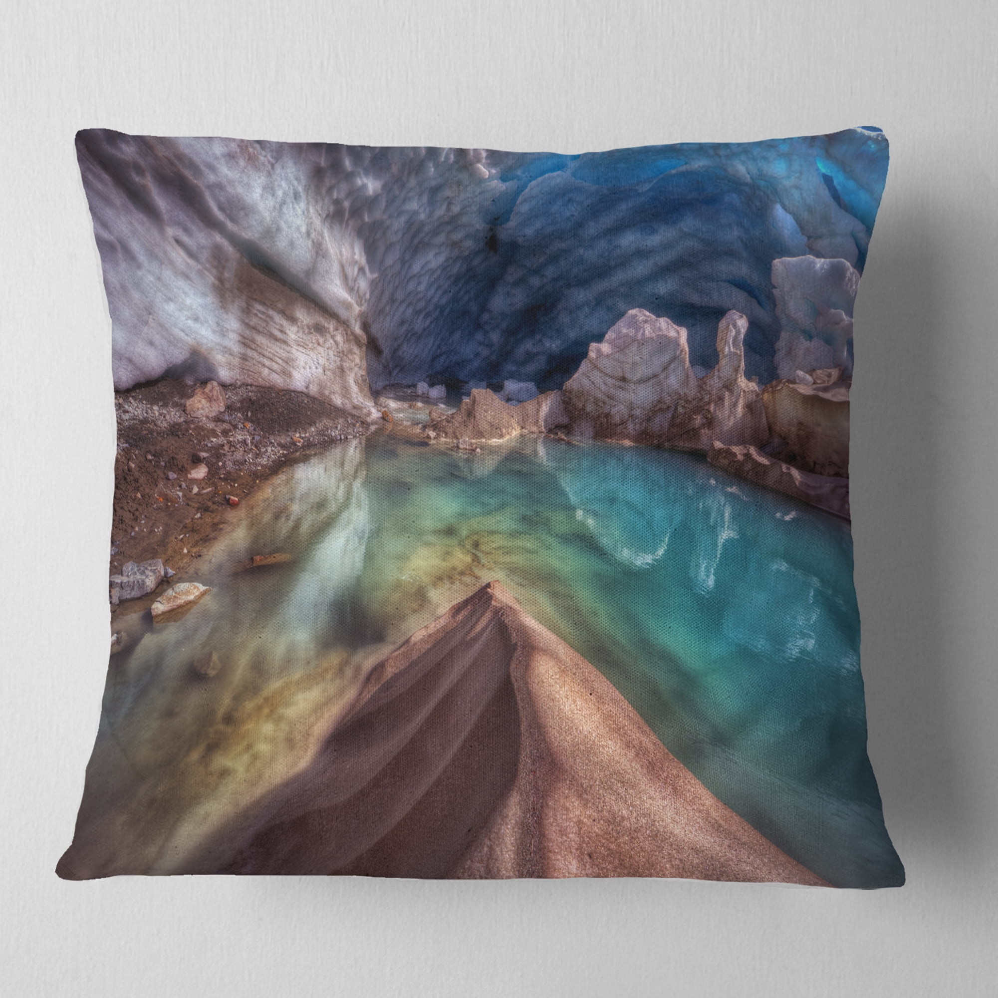 Designart Colorful Glacier Cave - Landscape Printed Throw Pillow - 16x16