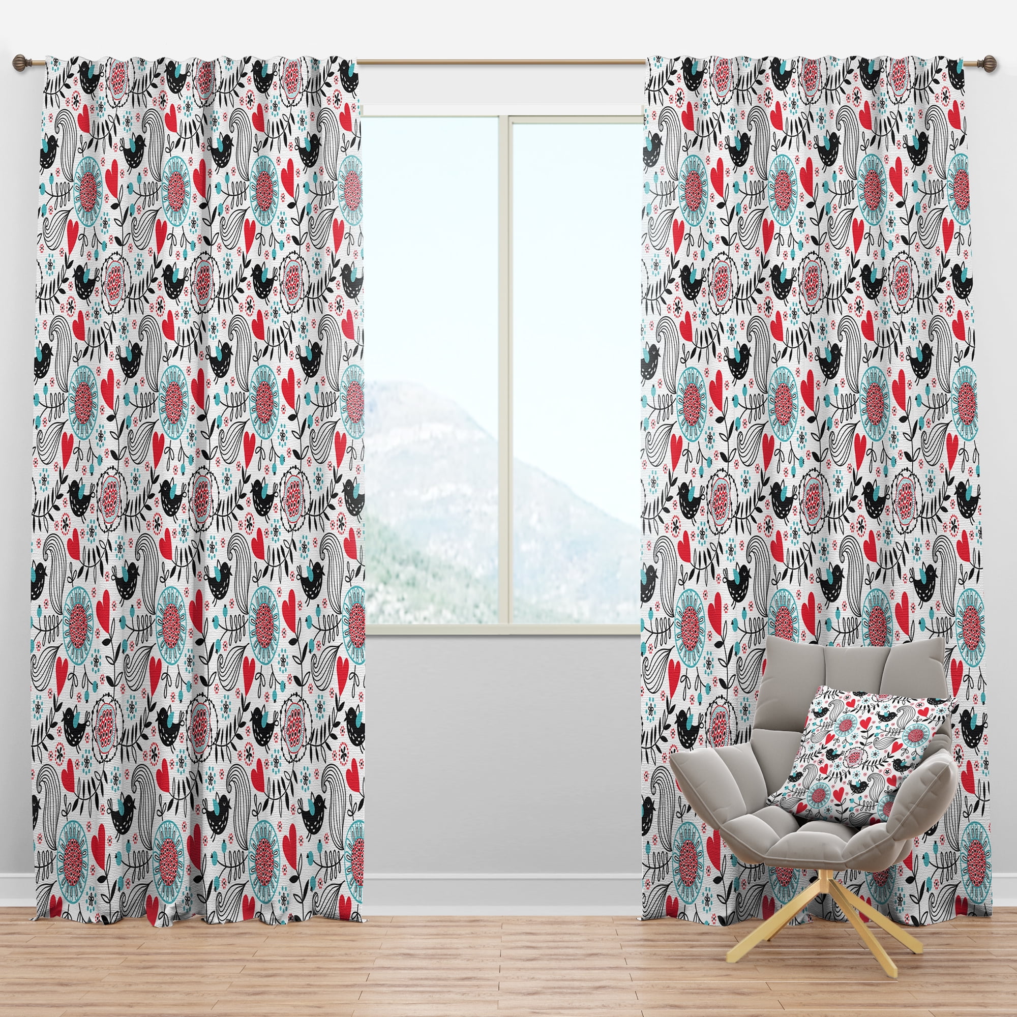 Designart 'Colorful Heart and Floral Pattern II' Traditional Blackout Curtain Panel