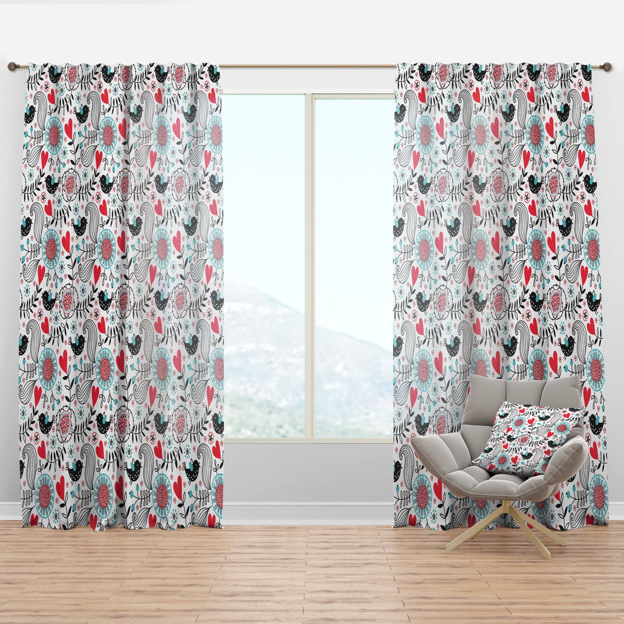 Designart 'Colorful Heart and Floral Pattern II' Traditional Curtain Panel